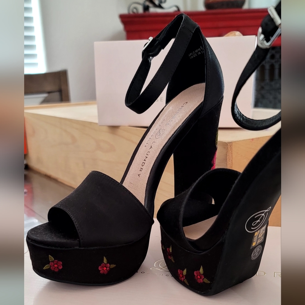 Chinese Laundry Amy Black Satin Embroidered Platform Heels - Picture 8 of 9
